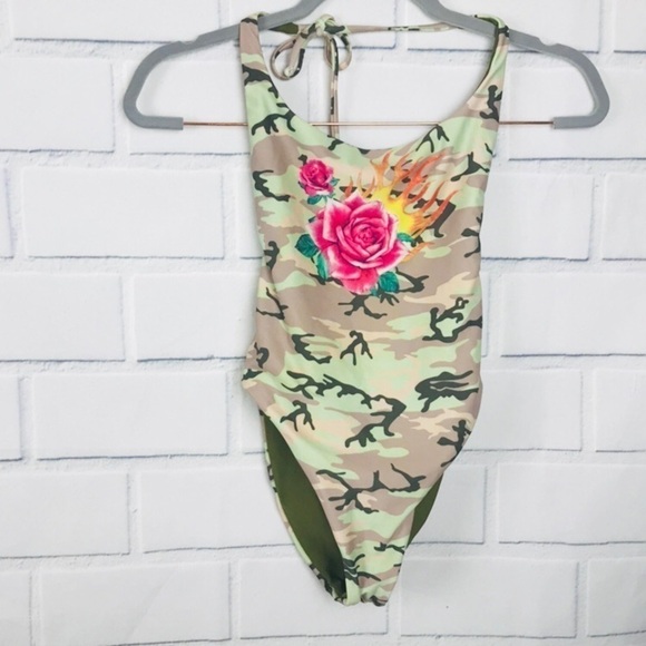 NEW Wildfox Camouflage Flying Burning Rose One Piece - Picture 1 of 3